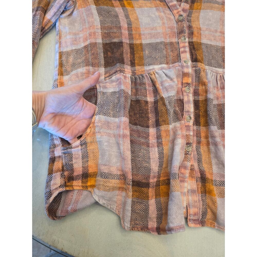 Free People Women's Plaid Flannel Button Down Top Pockets SZ Small Oversized - Picture 7 of 10